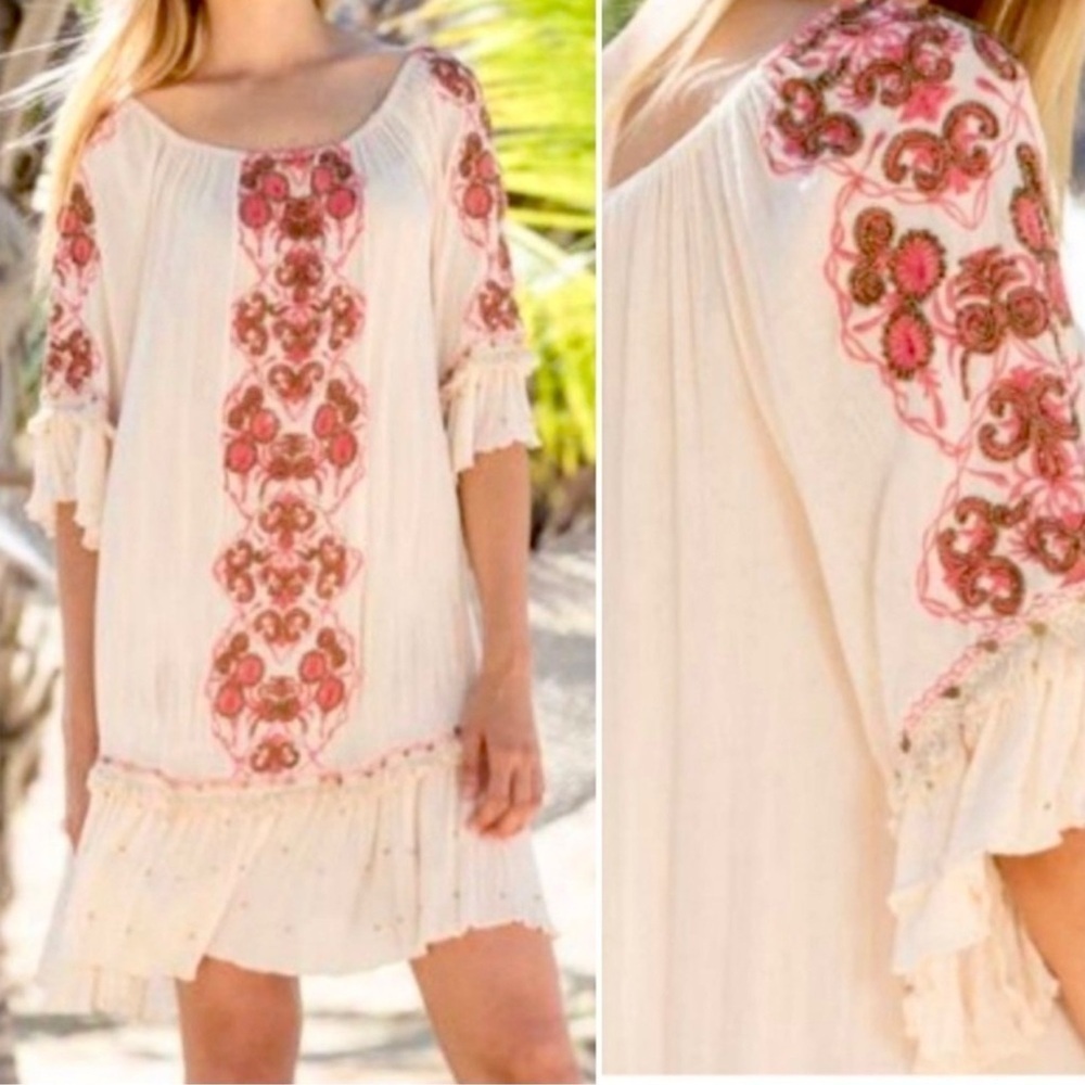 NWT Lula Soul Remi Boho Off Shoulder Dress Bead Embroidered M